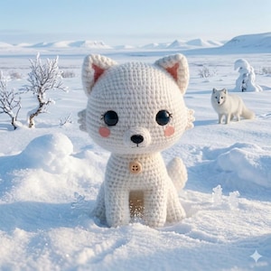 May include: A crocheted white fox doll with black eyes, pink cheeks, and a button detail sits in the snow. The doll has a button detail and is surrounded by a snowy landscape with a real fox in the background.