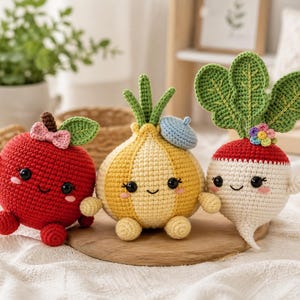 Virkade grönsaksmönster PDF – Amigurumi Äpple Lök Rädisa Leksak, Kawaii Lekmat, Nybörjarvänlig DIY Plysch