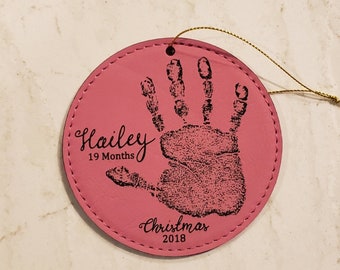 Baby Handprint Ornament, Baby Christmas Ornament, Leatherette Ornament, Baby Handprint, Baby Footprint