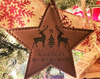 Reindeer Christmas Ornament, Personalized Ornament, Star Ornament, Leatherette Ornament