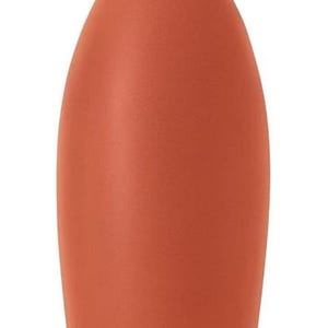 May include: A terracotta-coloured water bottle with a smooth, matte finish. The bottle features a rounded, bulbous body that tapers towards a narrow neck, topped with a matching cylindrical screw-on cap. The design is simple, solid, and uniform.
