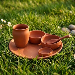 May include: A terracotta serving set, comprising a tall cup, small bowls, a spoon, and a plate. The set is displayed on green grass, with a natural, earthy aesthetic. The pieces are a warm, reddish-brown colour.
