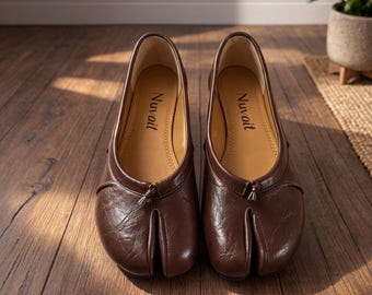 Tabi-skor i mjukt fårskinn, minimalistiska balettskor, slip-ons med låg klack