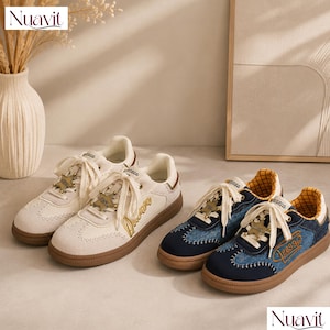 Sneakers unisex in denim patchwork, scarpe casual ispirate al mondo dell'allenamento retrò