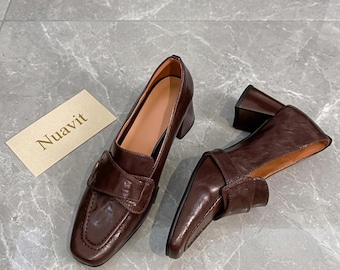Genuine Leather Square Toe Loafers, Retro Block Heel Pumps, Sheepskin Lined Comfort Shoes