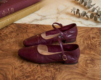 Burgundy Soft Leather Retro Strap Flats, Minimalist Low Heel Comfort Shoes