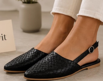 Women’s Woven Black Slingback Sandals, Pointed Toe Flat Shoes, Braided Buckle Summer Flats for Women