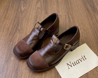 ヴィンテージメリージェーンレザーシューズ、レトロなバックルストラップフラットシューズ、ラウンドトゥローヒール