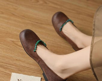 Zapatos planos retro de piel con cuentas para mujer, con punta redonda, sin cordones, estilo casual, hechos a mano, cómodos mocasines.