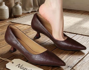Pointed Toe Low Heel Pumps Women Soft Leather Kitten Heel Shoes Elegant Minimal Heels