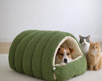 Corduroy Pet Bed Cave, Plush Cat and Small Dog Hideaway