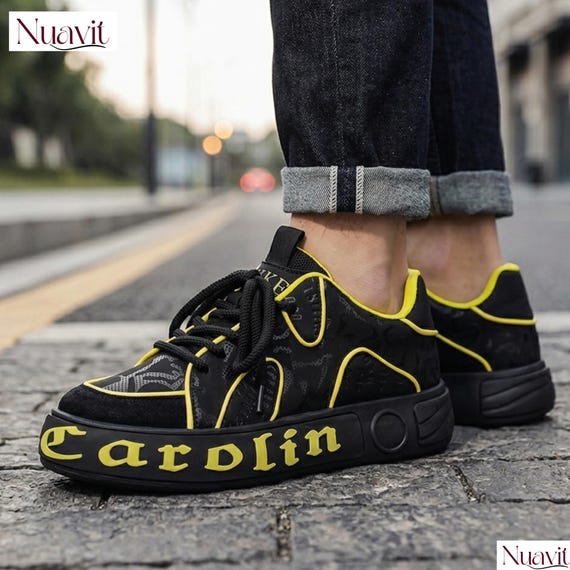 Men's Chunky Sneakers, Thick Sole, Street Style Lace-Up Shoes, Microfiber Comfort