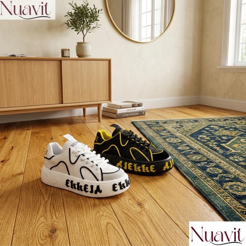 May include: Two pairs of sneakers, one white and one black, with thick soles. The white sneaker has black wavy lines and the text "Ekkeja" on the sole. The black sneaker has yellow accents and the text "Ajekke" on the sole. The brand name "Nuavit" is in the top left and bottom right corners.