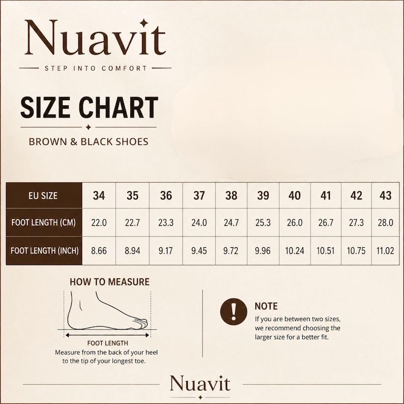 May include: Size chart for brown and black shoes, EU sizes 34-43. Includes foot length measurements in centimetres (22.0-28.0 cm) and inches (8.66-11.02 in). Shows how to measure foot length with a diagram.