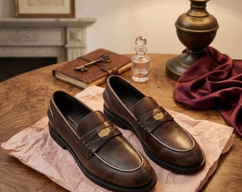 Mocasines de piel marrón para mujer, hechos a mano, estilo retro sin cordones.