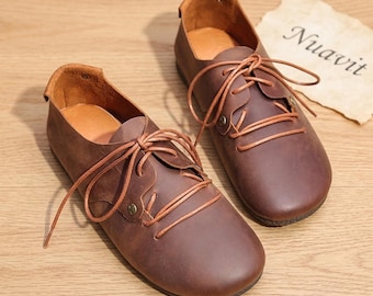 Chaussures plates oxford en cuir véritable : Chaussures décontractées marron à lacets pour femmes, bout rond