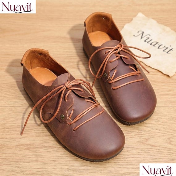 Genuine Leather Oxford Flats: Women's Brown Lace-Up Round Toe Casual Shoes