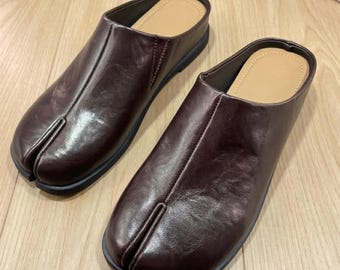 Split-Toe Leather Mule Sandals, Wool Lined Slip-On Shoes, Minimalist Clogs