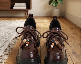 Women’s Chunky Platform Loafers Brown Lace-Up Shoes, Thick Sole British Style Casual Comfort Footwear