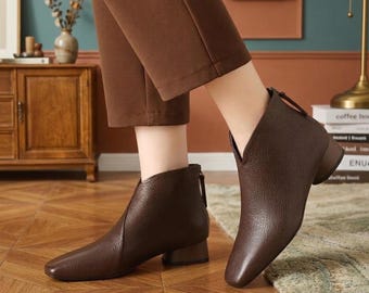Handmade Leather Ankle Boots, Chunky Heel Retro Shoes