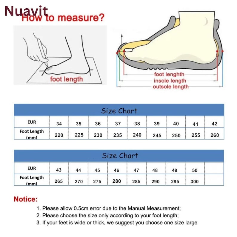 May include: A shoe size chart with illustrations and text. The chart includes foot length measurements in millimeters and corresponding European shoe sizes, ranging from EUR 34 to 50. Instructions on how to measure foot length are also provided.