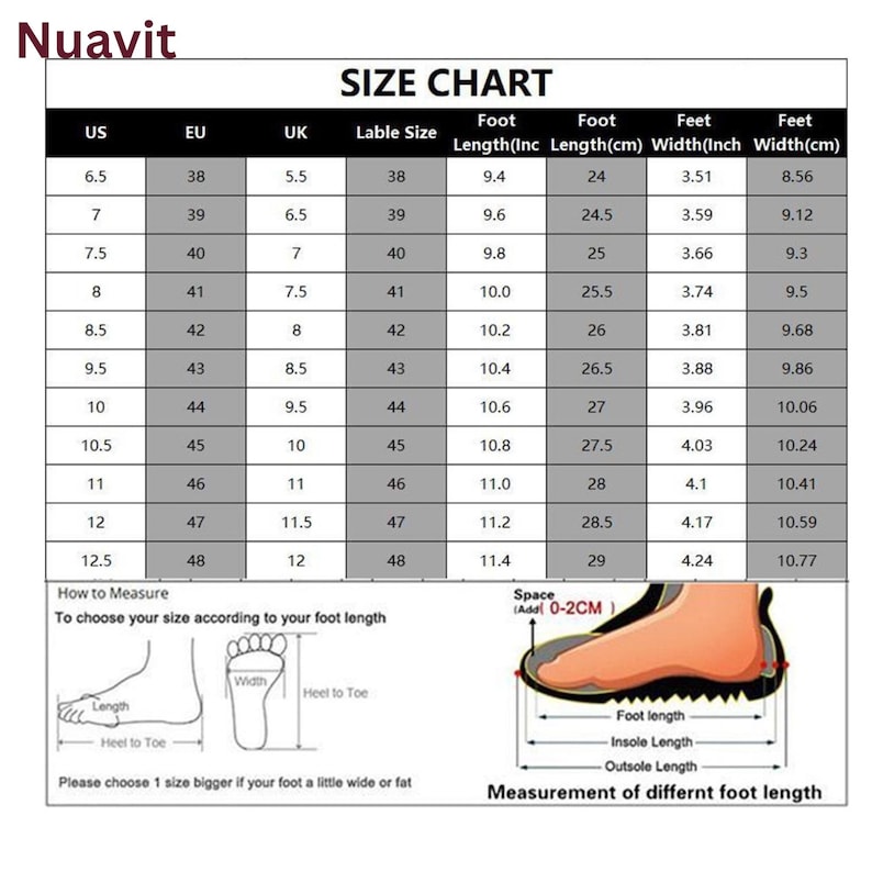 May include: A shoe size chart with US, EU, and UK sizes, along with foot length and width measurements in inches and centimeters. Includes a diagram illustrating how to measure foot length for accurate sizing. The chart also provides instructions on how to choose the correct size.