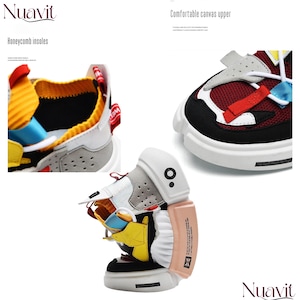 May include: Multi-colored athletic shoes with a white sole. The shoes feature a combination of red, yellow, gray, and blue accents. The image highlights the honeycomb insoles and comfortable canvas upper. The brand name "Nuavit" is visible.