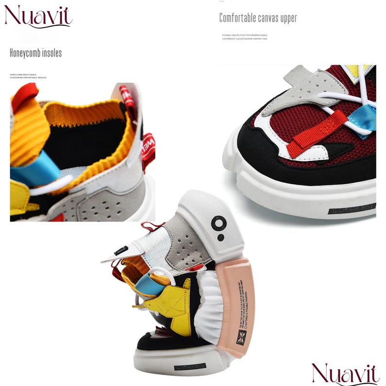 May include: Multi-colored athletic shoes with a white sole. The shoes feature a combination of red, yellow, gray, and blue accents. The image highlights the honeycomb insoles and comfortable canvas upper. The brand name "Nuavit" is visible.