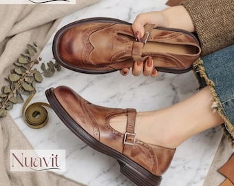 Zapatos planos marrones con hebilla / Zapatos clásicos estilo brogue / Zapatos planos cómodos para el día a día, tanto para el trabajo como para uso informal