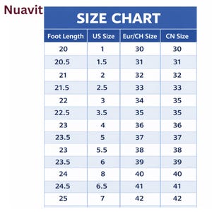 May include: A shoe size chart with the title "SIZE CHART" in a blue box. The chart lists foot length in centimeters, US sizes, Eur/CH sizes, and CN sizes. The chart starts with a foot length of 20 cm, US size 1, and Eur/CH size 30.