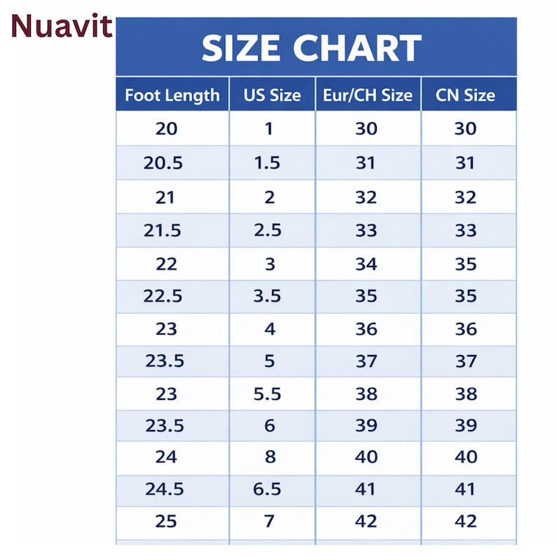May include: A shoe size chart with the title "SIZE CHART" in a blue box. The chart lists foot length in centimeters, US sizes, Eur/CH sizes, and CN sizes. The chart starts with a foot length of 20 cm, US size 1, and Eur/CH size 30.