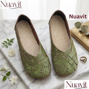 Leather Slip On Flats for Women, Breathable Cowhide Walking Shoes, Handmade Breathable Slip-On Flats Soft Lightweight Everyday Comfort Shoes Green
