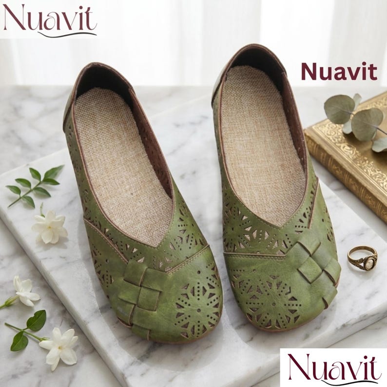 Leather Slip On Flats for Women, Breathable Cowhide Walking Shoes, Handmade Breathable Slip-On Flats Soft Lightweight Everyday Comfort Shoes Green