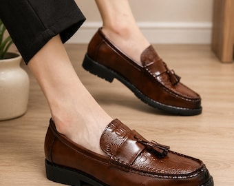 Men's Crocodile Embossed Tassel Loafers, Vintage Leather Dress Shoes