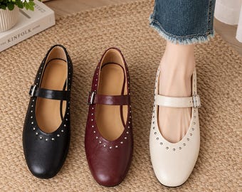 Mary Jane Flats for Women, Brown or Black Soft Leather-Look Shoes, Round Toe Ballet Flats with Buckle Strap, Low Heel Gift for Her