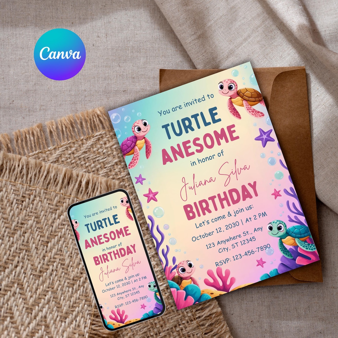 Editable Minimalist Turtle Birthday Invitation |ocean Theme Kids Party ...