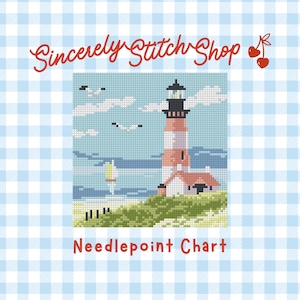 Puede incluir: Un gráfico de punto de cruz que representa un faro en una colina cubierta de hierba, con un velero y gaviotas contra un cielo azul. El texto "Sincerely Stitch Shop" está encima de la imagen y "Needlepoint Chart" debajo.