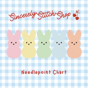 以下が含まれることがあります： ピンク、イエロー、グリーン、ブルー、オレンジの5色のウサギのデザインが特徴のニードルポイントチャート。ウサギは青と白のギンガムチェックの背景に配置されています。「Sincerely Stitch Shop」と「Needlepoint Chart」の文字も表示されています。