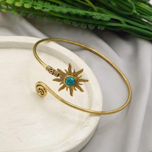 Brass Sun Arm Cuff Bracelet, Turquoise Celestial Boho Jewelry