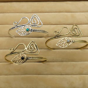 Brass Leaf Upper Arm Cuff Wire Swirl Arm Cuff, Nature Inspired Gypsy Jewelry, Adjustable Statement Cuff, Gifts For Women