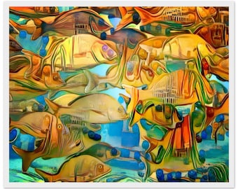 Abstract Fish School Framed Print, Aquarium Photo Wall Art 16x20"
