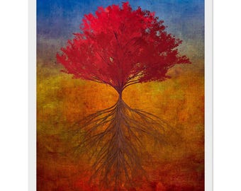 Framed Print, art, home decor, wall art, red tree,  11x14″