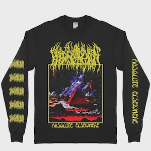 May include: Black long-sleeve shirt with a yellow and red graphic design. The design features a pyramid, planets, and the text "ABSOLUTE ELSEWHERE". The sleeves also have yellow text.