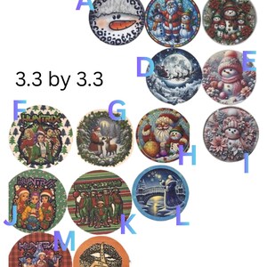 May include: A collection of round, 3.3-inch diameter decorative items. Designs include a snowman, Santa Claus, winter scenes, and characters from the movie "The Matrix." Other designs feature a group of people wearing Santa hats and the text "HUNTX".