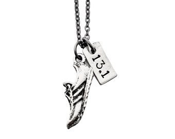 RUN DISTANCE - Choose 5k, 10k, 13.1, 26.2 or XC Distance Charm - Running Shoe Charm plus Running Distance Charm on Gunmetal Chain - Unisex