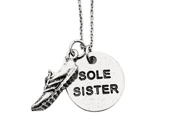SOLE SISTER Pewter Round Pendant with Running Shoe Charm on Stainless Steel Cable Chain - Running Buddy - Training Partner - Running Group