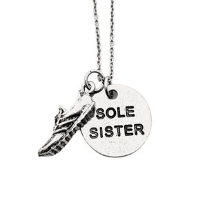 SOLE SISTER Pewter Round Pendant and Run Shoe Charm on Stainless Steel Cable Chain - Women Running - Female Training Partner - Running Group