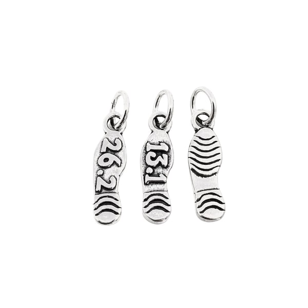 26.2, 13.1 or FLAT Shoe Print Charm - Sterling Silver Running Shoe Charm with Sterling Jump Ring - 26.2 Marathon, 13.1 Half Marathon or Flat