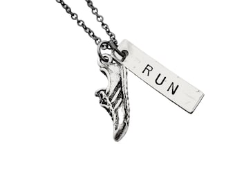 RUN RUNNER RUN Necklace - Running Necklace with Pewter Shoe Charm on Gunmetal chain - Running Jewelry - Run Necklace - Runner Gift Necklace