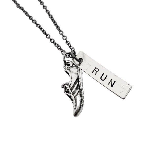 RUN RUNNER RUN Necklace - Running Necklace with Pewter Shoe Charm on Gunmetal chain - Running Jewelry - Run Necklace - Runner Gift Necklace